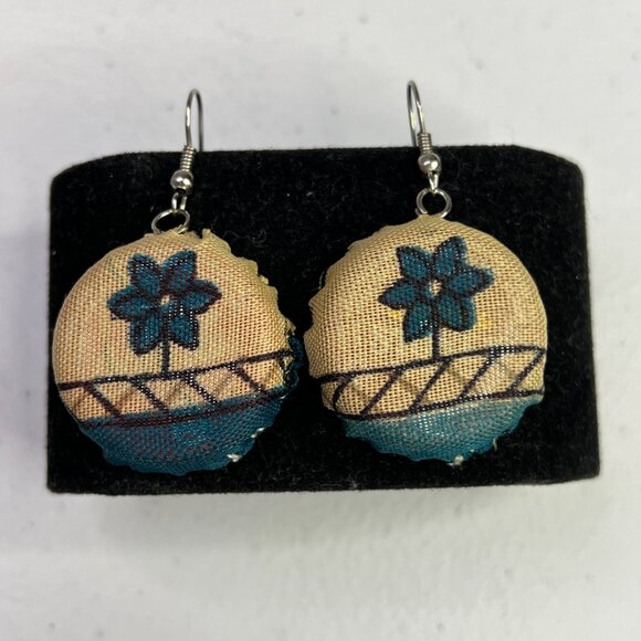 Handcrafted Round Fabric Earrings With Floral Pattern & Hook Backings - Picture 8 of 9